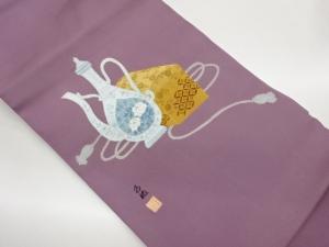 作家物　塩瀬金彩手描き水差しに玉手箱・草花模様名古屋帯